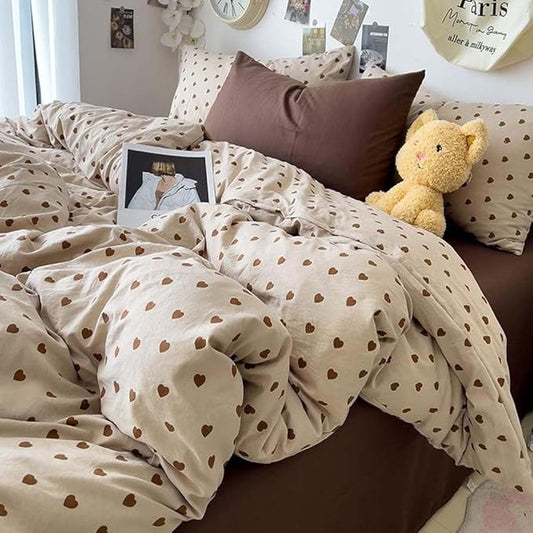Nayoroom Brown Heart Duvet Cover Queen Size Vintage Hearts Printed on Taupe Comforter Cover Kids Girls 3 Pcs Soft Microfiber Farmhouse Bedding Set with Zipper Closure