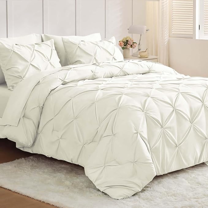 JOLLYVOGUE California King Comforter Set 7 Pieces - Bed in a Bag Cal King for All Season, Pintuck Bedding Comforter Sets with Comforter, Flat Sheet, Fitted Sheet and Pillowcases & Shams, Ivory