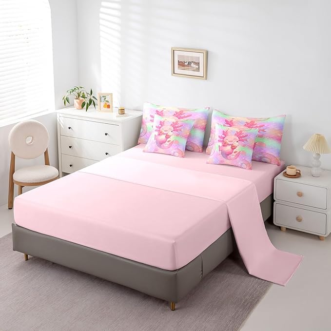 Feelyou Kids Cute Axolotl Comforter Set with Sheets Queen Size, Cartoon Salamander 7 Pieces Bedding Set Boys Girls Kawaii Ocean Sealife Bed in A Bag Rainbow Teens Bed Set Bedroom Decor 7Pcs