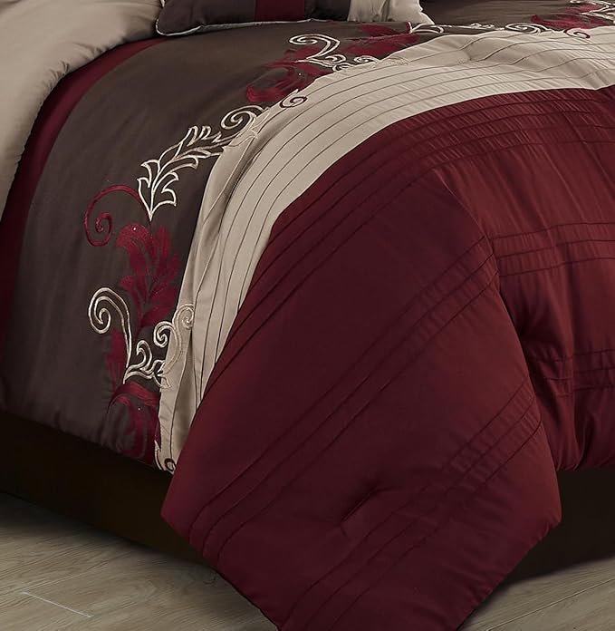 Chezmoi Collection Napa 7-Piece Luxury Leaves Scroll Embroidery Bedding Comforter Set (Full, Burgundy/Taupe/Brown)