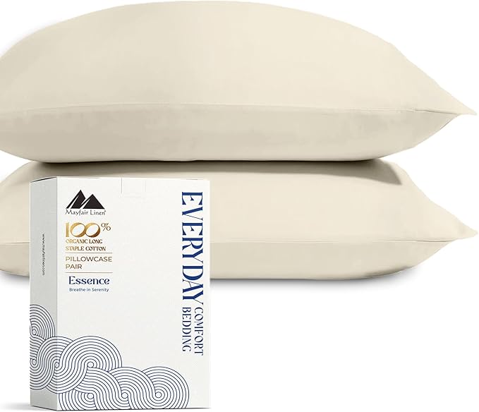 Mayfair Linen 100% Organic Cotton King Size Pillow Cases Set of 2 - Ultra Soft Hotel Quality King Pillow Covers, Authentic GOTS Certified, Crisp, Cooling Percale Weave Cotton Pillowcases - Ivory