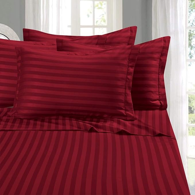 Elegant Comfort Best, Softest, Coziest 6-Piece Sheet Sets! - 1500 Premier Hotel Quality Luxurious Wrinkle Resistant 6-Piece Damask Stripe Bed Sheet Set, California King Burgundy