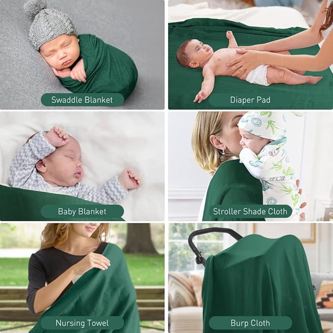 Newborn Baby Swaddle Blanket Unisex Swaddle Wrap Soft Silky Muslin Swaddle Blankets Neutral Receiving Blanket for Newborn Boys and Girls Large 47 x 47 inches(120x120cm) (Dark Green)