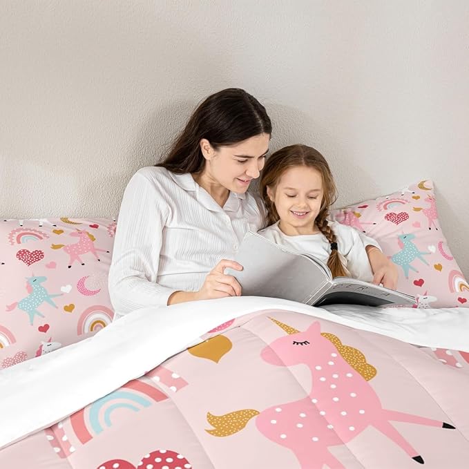 Feelyou Unicorn Comforter Set Kids Cute Cartoon Unicorns Decor Comforter for Girls Pink Bedding Set Rainbow Duvet Set Twin Size Quilt Boys