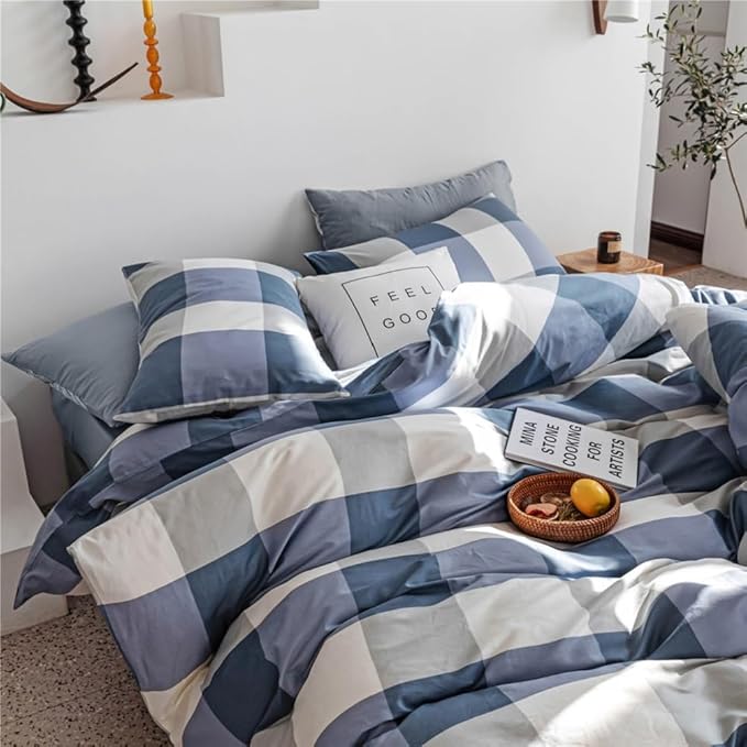 Plaid Comforter Set Blue White Checkered Bedding Comforter King Size Fluffy Soft Geometric Plaid Grid Comforter Set for All Seasons Farmhouse Bedding Set Checkered Pattern Comforter with 2 Pillowcases