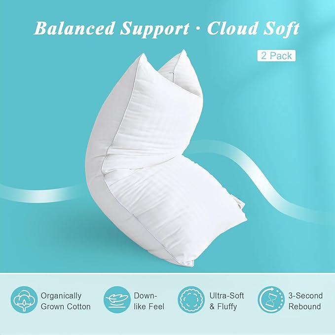 Bed Pillows King Size Set of 2-100% Cotton Cover, Down Alternative Gel Polyfill Filled, Flat Soft Medium Adjustable Hotel-Style Pillow Inserts, 20x36 Inch