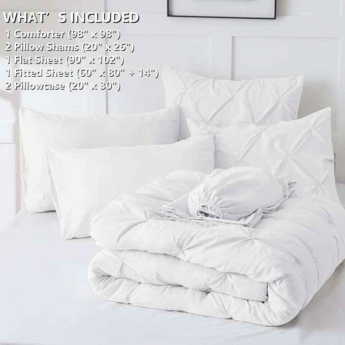 Oversized Queen Comforter Set White, 7 Pieces Pintuck Bed in A Bag Oversized Queen Size Bedding, Soft Bed Set All Season Pinch Pleat Comforter Set with Sheets, Pillowcases & Shams
