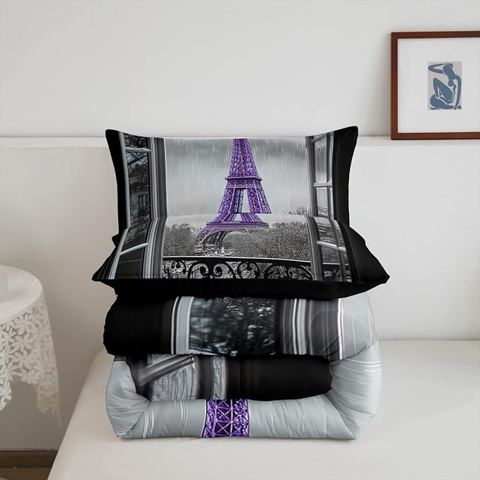 Erosebridal Purple Eiffel Tower Comforter Set Twin,Vintage France Paris Bedding Set for Girls Boys Teens Women Retro City Building Down Comforter Romantic Rainy Day Quilt Pillow Case Bedroom Decor