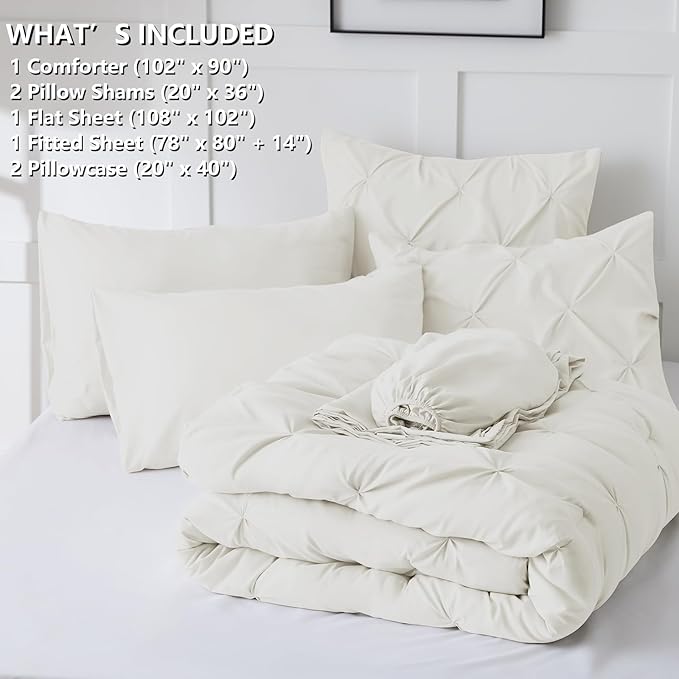King Comforter Set Ivory, 7 Pieces Pintuck Bed in A Bag King Size Bedding, Soft Bed Set All Season Pinch Pleat Comforter Set with Sheets, Pillowcases & Shams