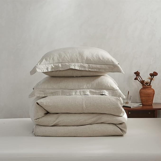 Simple&Opulence 100% Linen Duvet Cover Set with Embroidery Border Washed - 2 Pieces (1 Duvet Cover & 1 Pillow Sham) with Button Closure Soft Breathable Farmhouse - Linen, Twin Size