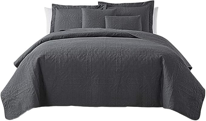 Hearth & Harbor Quilts Twin Size - All Season Bedspread Coverlet Set, Pinsonic Weave Lightweight Bedding Set - 5 Piece Twin Quilt Set with Pillow Shams, Grid - Gray