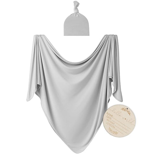 Large Jersey Knitted Swaddle Blanket for Baby, Soft Stretchy Receiving Blanket for Newborns with Hat, Baby Nursery Swaddle 47 x 47 inches(Gray)