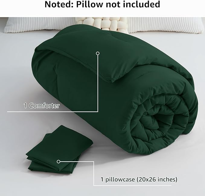 CozyLux Dark Emerald Green Comforter Set Twin/Twin XL Size, 2 Pieces Twin Extra Long Solid Breathable Quilted Bedding Sets, Soft Bed Set with Down Alternative Comforter and 1 Pillowcase for All Season