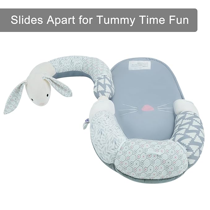 Lovvie & Joy 2-in-1 Tummy Time Mat & Seated Support Pillow,Baby Tummy Time Pillow Support for Newborns and Older Babies,with Detachable Support Pillow and Toys Rabbit