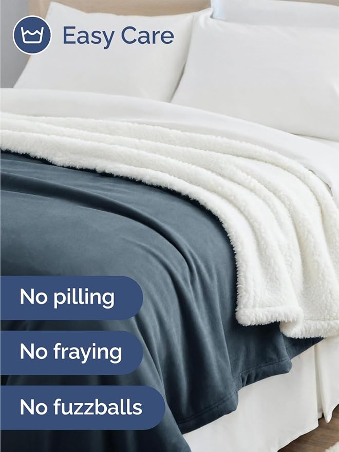Sherpa Fleece Blanket Queen Size - Reversible Sherpa Fleece Queen Blanket - Super Soft Double Sided for Bed, Sofa, Couch - Thick, Warm, Fuzzy & Plush - Luxurious Bedding for Winter - Navy, 90" x 90"