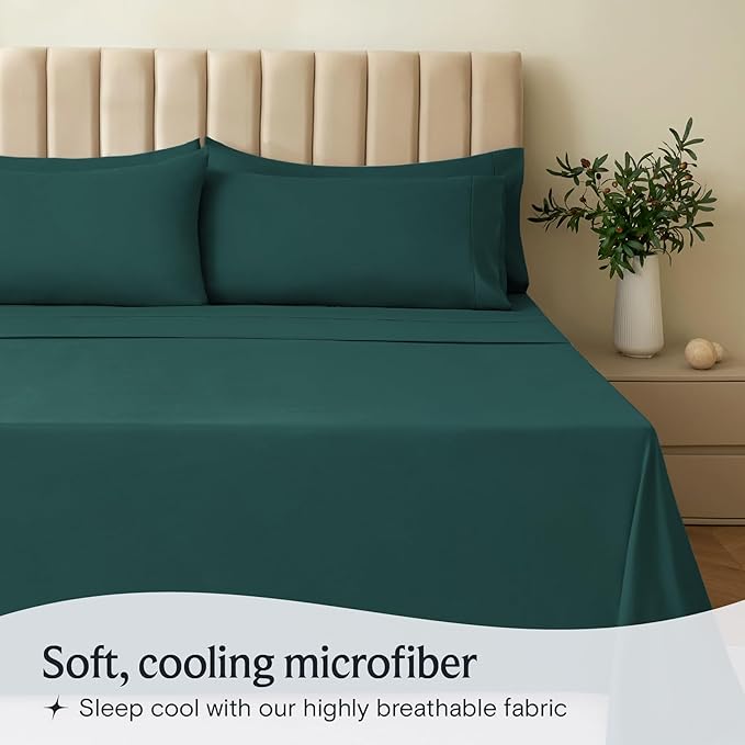 LuxClub 5 PC Split King Sheet Set, Breathable Luxury Bed Sheets, Deep Pockets 18" Eco Friendly Wrinkle Free Cooling Sheets Machine Washable Hotel Bedding Silky Soft - Emerald Split King