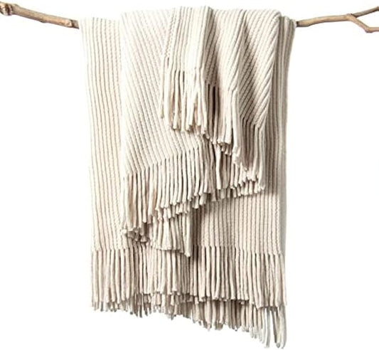 lifein Chenille Throw Blanket 60x80 - Soft Boho Knitted Blanket for Couch Cozy Farmhouse Decor Bed Throw, Lightweight All Season White/Cream Blanket, Decorative for Living Room Bedroom Spring Decor