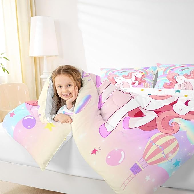 Erosebridal Unicorn Full Bedding Sets for Girls Cute Rainbow Unicorn Comforter Set Bedroom Decor for Girls Kids Horse Duvet Set Ombre Bedding Stars Magical Animal Down Comforter Reverse 3Pcs