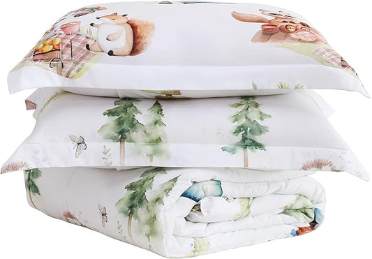 Yibeizi Camper Themed Comforter Set Full Size, Kids Woodland Animals Printed Bedding Set with Pillow Sham, Cute Lightweight Soft Breathable Machine Washable Quilted Bed Comforter Set 3 Piece