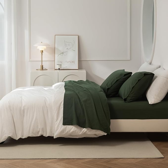 JIYUAN 100% Washed Cotton Sheet Set 3 Pieces Twin,1 Fitted Sheet,1 Flat Sheet and 1 Pillowcase, Comfy and Breathable Linen Like Bedding Set,Forest Green