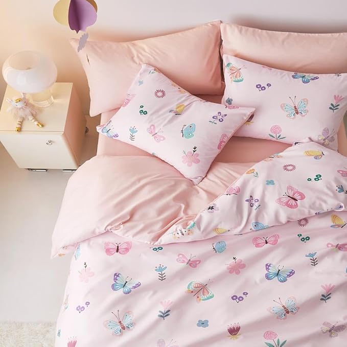 Wake In Cloud - Butterfly Bedding Set for Girls, Cute Colorful Butterfly Flowers Floral Comforter Set with Sheets, 5 Pieces Kids Bed in a Bag, Pink, Twin Size