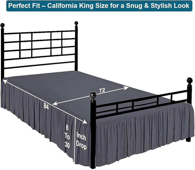 Shreem Linen Ruffled Bed Skirt with Split Corners, Gathered Style, 100% Microfiber, 12-Inch Drop, Dust Ruffle Bedskirt with Platform, Cal-King, Dark Grey