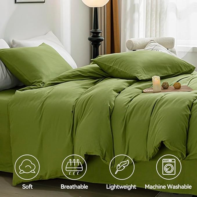 JELLYMONI Christams Duvet Cover Queen Size - 100% Washed Cotton Linen Like Textured Comforter Cover, 3 Pieces Breathable Soft Bedding Set with Zipper Closure (Avocado Green, Queen 90"x90")