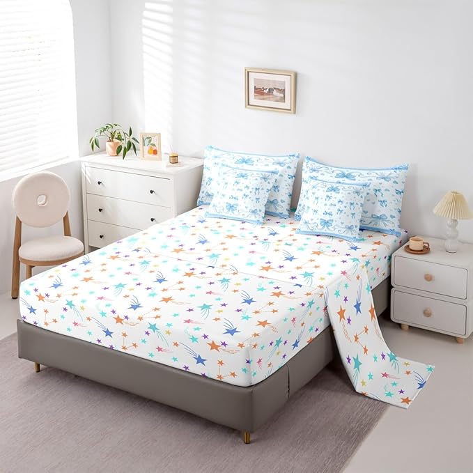 Feelyou Bowknot King Comforter Set with Sheets for Kids Boys Girls Dreamy Princess 7 Pieces Bedding Set Cute Bow Bed in a Bag Love Hearts Room Decor Soft Lightweight Microfiber