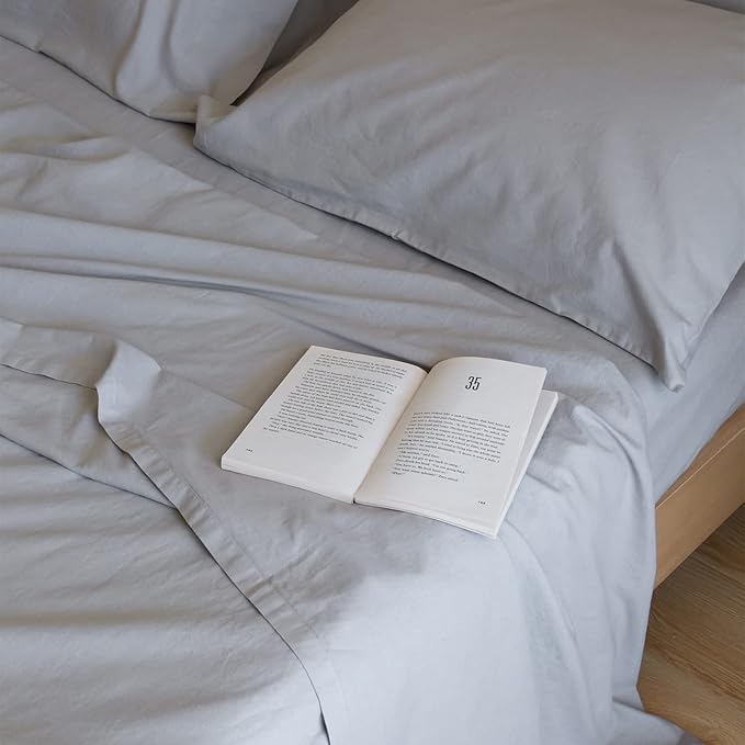 Simple&Opulence Belgian Linen Sheet Set Solid Color - 6 Pieces (1 Flat Sheet & 1 Fitted Sheet & 4 Pillowcases) 16" Deep Pocket Natural Flax Cotton Blended Soft Bedding - Grey, Queen Size