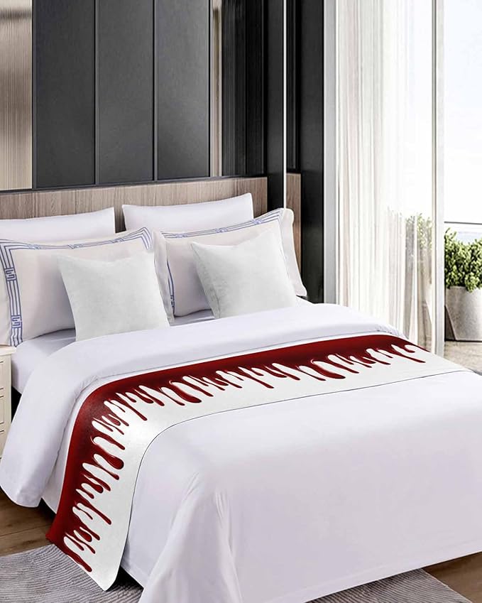 Halloween Blood Pattern Bed Runners for Bedroom Hotel,Decorative Bedding Scarf Horror Dark Red Fluid Style Bed End Blanket Bedding Runner Scarves for Queen Size Bed,94x20in