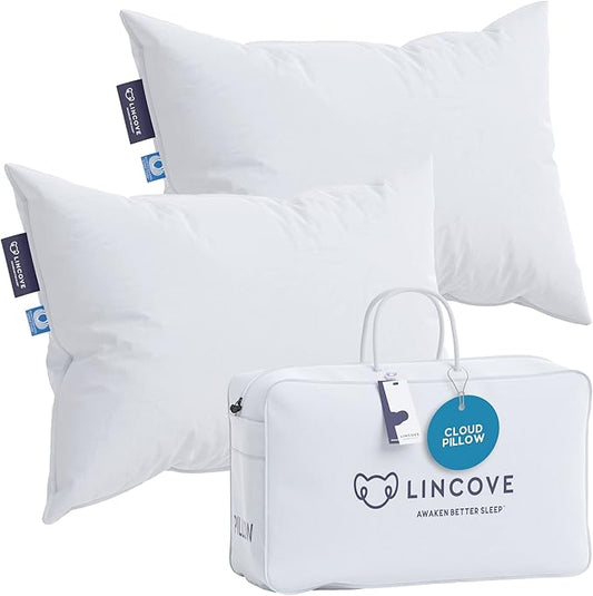 Lincove Cloud Natural Canadian Down Pillow, White Luxury Sleeping Pillow - 625 Fill Power, 500 Thread Count Cotton Shell, Made in Canada, Queen - Firm, 2 Pack