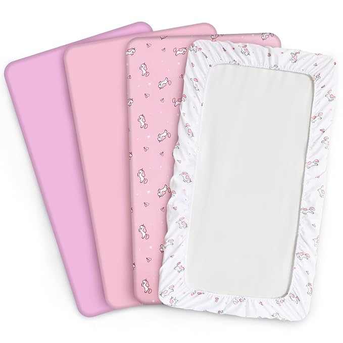 Mini Crib Sheets Set for Girls, 4 Pack, Mini Portable Crib Sheets for Girs (38" X 24") | Multiuse for Pack n Play, Playard, Playpen, Mini Crib, Pink Print