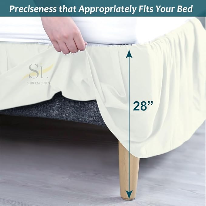Shreem Linen Ruffled Bed Skirt with Split Corners, Gathered Style, 100% Microfiber, 28-Inch Drop, Dust Ruffle Bedskirt with Platform, King, Ivory