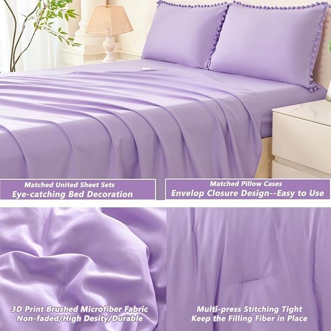 PERFEMET 5 Pieces Queen Bed in a Bag Light Purple Pom Pom Comforter Sets Cozy Fluffy Boho Bedding Set for Girls Soft Microfiber Solid Bedding Comforter Set with Sheets(Light Purple, Queen)
