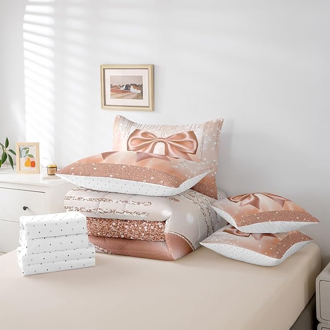 Feelyou Kids Cute Bowknot Comforter Set with Sheets Full Size, Dreamy Princess 7 Pieces Bedding Set Boys Girls Glitter Bed in A Bag Watercolor Bow Teens Bed Set Bedroom Decor 7Pcs