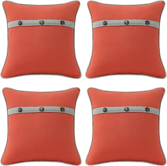 Outdoor Sunbrella Decorative Pillows with Triple Coconut Buttons Pack of 4, 16" x 16" Outdoor Pillow Set for Couch Bed Throw Patio Sofa, Canvas Melon/Cast Ash