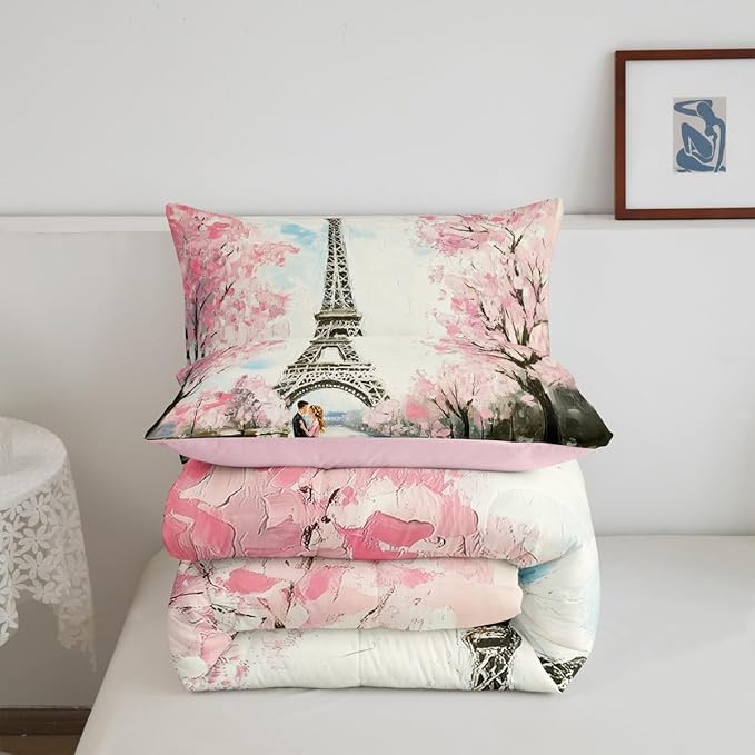 Paris Decor Comforter Set King Girly French Eiffel Tower Bedding Sets For Girls Kids Women Couple Bedroom Pink Cherry Blossoms Duvet Insert Watercolor Paris Tower Comforter Valentine 3 Pieces