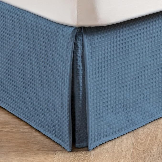 MIYE Pleated Waffle Weave Bed Skirt, Tailored Dust Ruffle 18 Inch Drop Easy Fit, Machine Washable (Blue, King - 18" Drop)