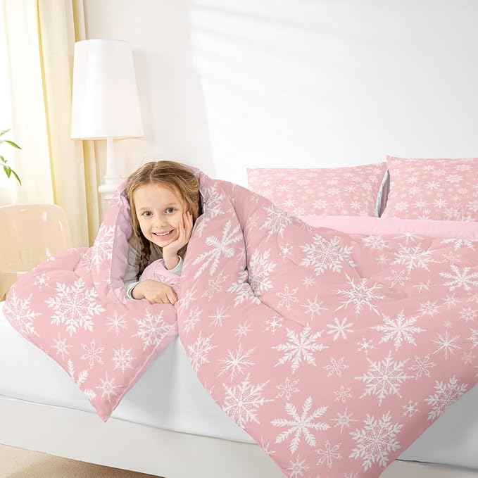 Erosebridal Pink Christmas Comforter Set Full Size Girly Romantic Snowflake Duvet Insert Princess Winter Quilt Girls Modern Style Bedding Set Bedroom Decor Pink Floral Bedding Set & 2 Pillowcases