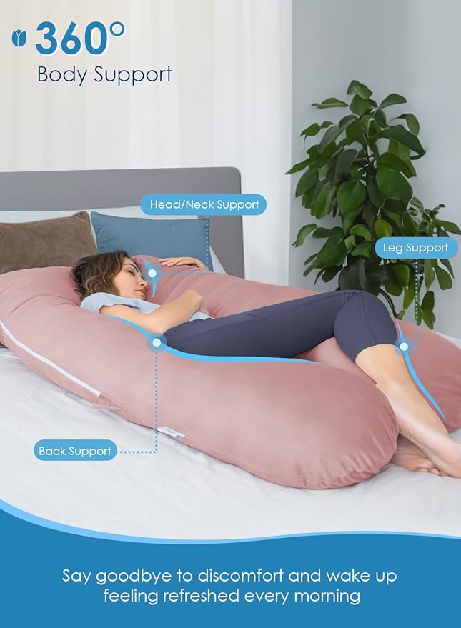 QUEEN ROSE Extra Long Pregnancy Pillows, 60 Inch U Shaped Body Pillow for Sleeping, Cooling Maternity Pillow for Pregnant Women, Body Support for Adults, with Soft Silky Cover, Pink