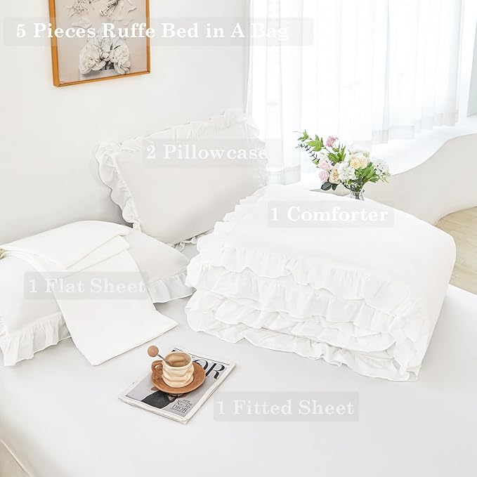 ANGIYUIN 5 Pieces White Full Size Bed in A Bag for Kids Girls Ruffle Bedding Sets Solid Ruffled Comforter Set Vintage Farmhouse Bedding Comforter Sets with Sheets(White Full)