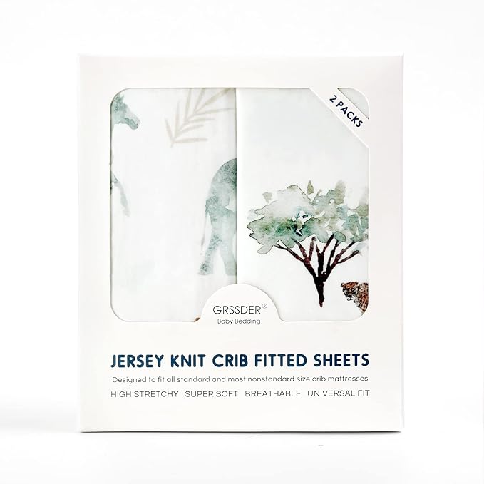 Stretch Ultra Soft Jersey Knit Fitted Crib Sheets Set 2 Pack，Fit All Standard Crib Mattress Pads Safe and Snug, Crib Fitted Sheet for Baby, Stylish African Savannah Animals Pattern
