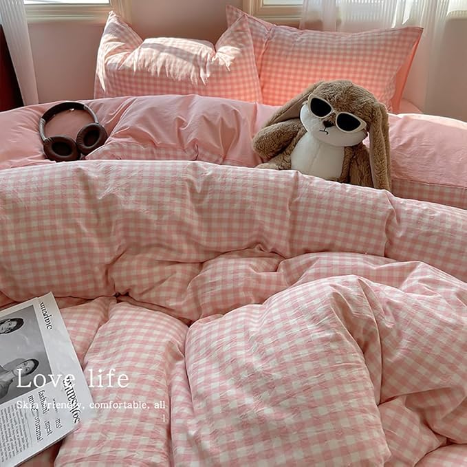 Nayoroom Gingham Duvet Cover King Size Reversible Pink Plaid Checkered Duvet Cover 3 Pieces Soft Breathable Washed Microfiber Girls Dorm Bedding Set for All Seasons