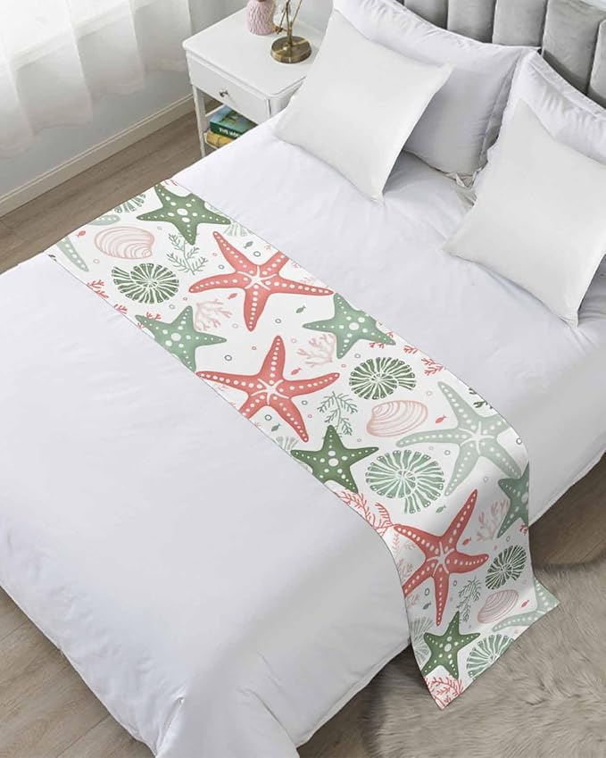 Green Orange Coral Bed Runner for Twin Size Bed, Bedspread Protector Slipcover Bed Scarf for Foot Bed Runners & Scarves for Bedroom Hotel 71x20 Spring Summer Coastal Starfish Beach Nautical Conch