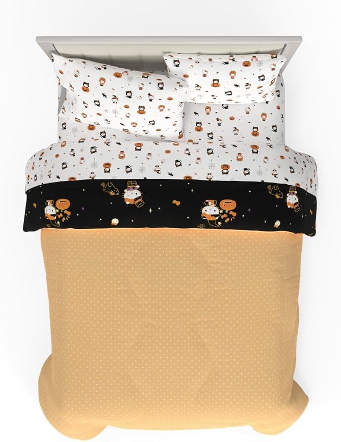 Sanrio Hello Kitty Halloween Pumpkin Full Bed Set – Super Soft & Cozy 5 Piece Reversible Comforter and Sheet Set (Officially Licensed Product) by Franco