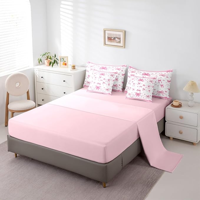 Feelyou Pink Bowknot Comforter Set with Sheets 7 Piece Twin Size Dreamy Princess Bed in a Bag Kids Boys Girls Cute Bow Bedding Set Love Hearts Bedroom Decor Breathable Soft Lightweight Microfiber