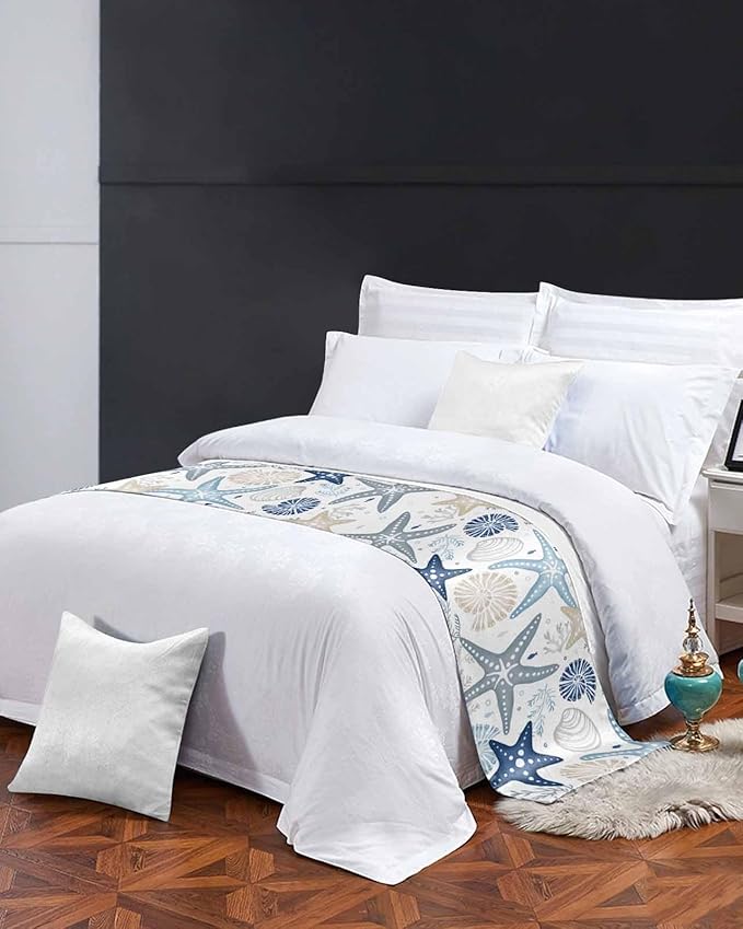 Blue Khaki Coral Bed Runner for Cal. King Size Bed, Bedspread Protector Slipcover Bed Scarf for Foot Bed Runners & Scarves for Bedroom Hotel 94x20 Spring Summer Coastal Starfish Beach Nautical Conch