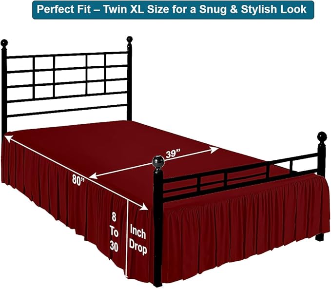 Shreem Linen Ruffled Bed Skirt with Split Corners, Gathered Style, 100% Microfiber, 28-Inch Drop, Dust Ruffle Bedskirt with Platform, Twin-XL, Burgundy