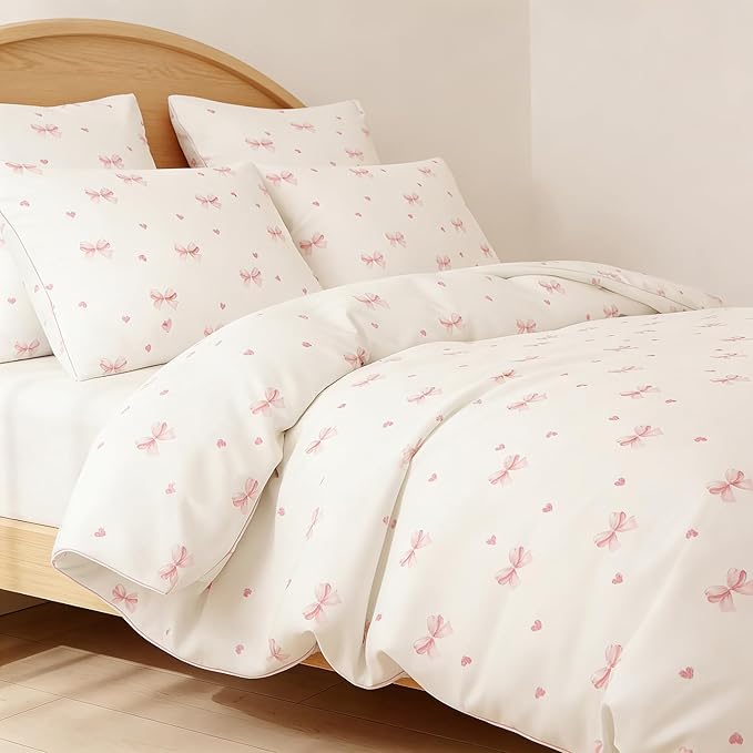 Nayoroom Pink Bow Duvet Cover Full Size Coquette Pink Heart Duvet Cover 3 Pieces Soft Lightweight Microfiber Kids Girls Cute Aesthetic Dorm Bedding Set