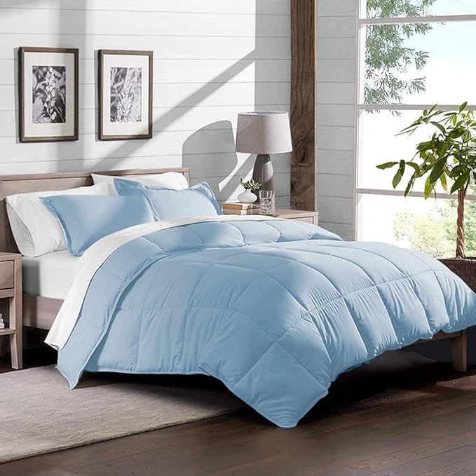 H&H Decor Luxurious & Super Soft 1 Piece Comforter 300 GSM & 4 Pcs Sheet Set 100% Egyptian Cotton 1000 Thread Count Pattern Solid (Queen, Light Blue,Solid)